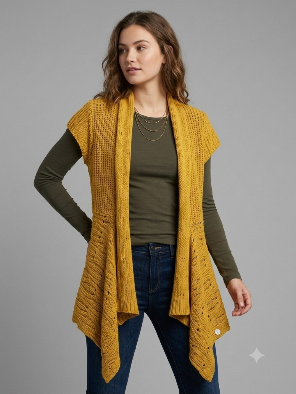 Pure Handknit Cotton Open Front Waterfall Cardigan Vest Mustard Yellow M/L Boho